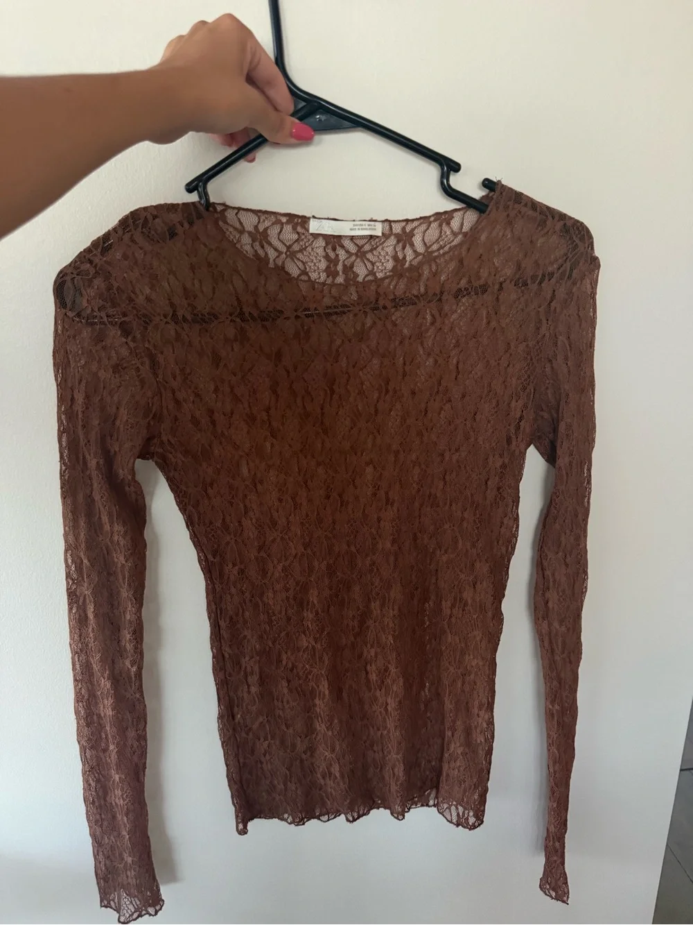 Zara Brown Sheer Lace Long Sleeve Top